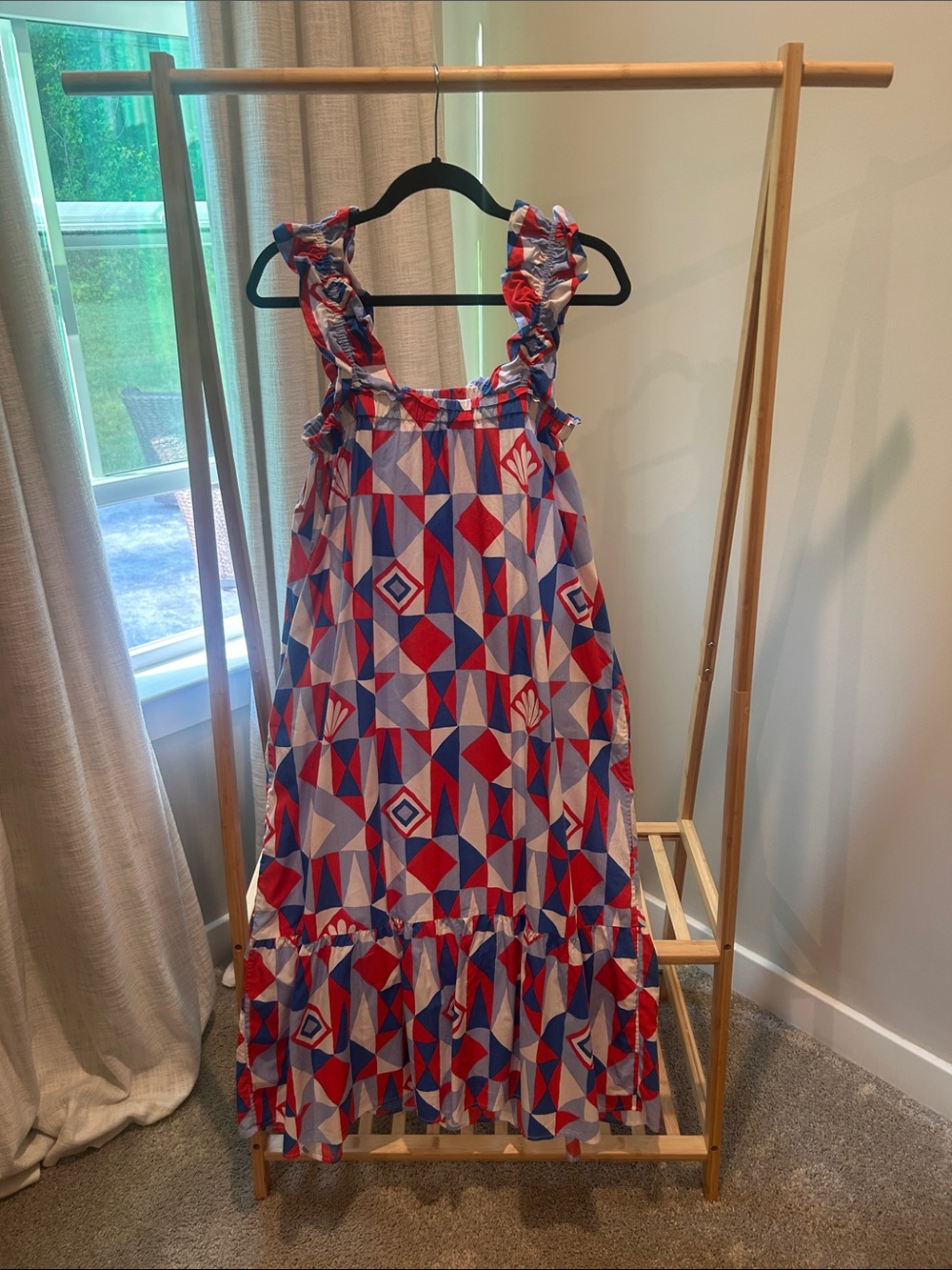 Printfresh Red & Blue Geometric Ruffle Midi Dress